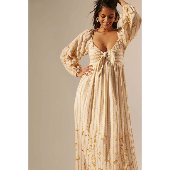 Anthropologie Dresses & Skirts - Anthropologie By Anthropologie Embroidered Tie-Front Maxi Dress Cream Gold M